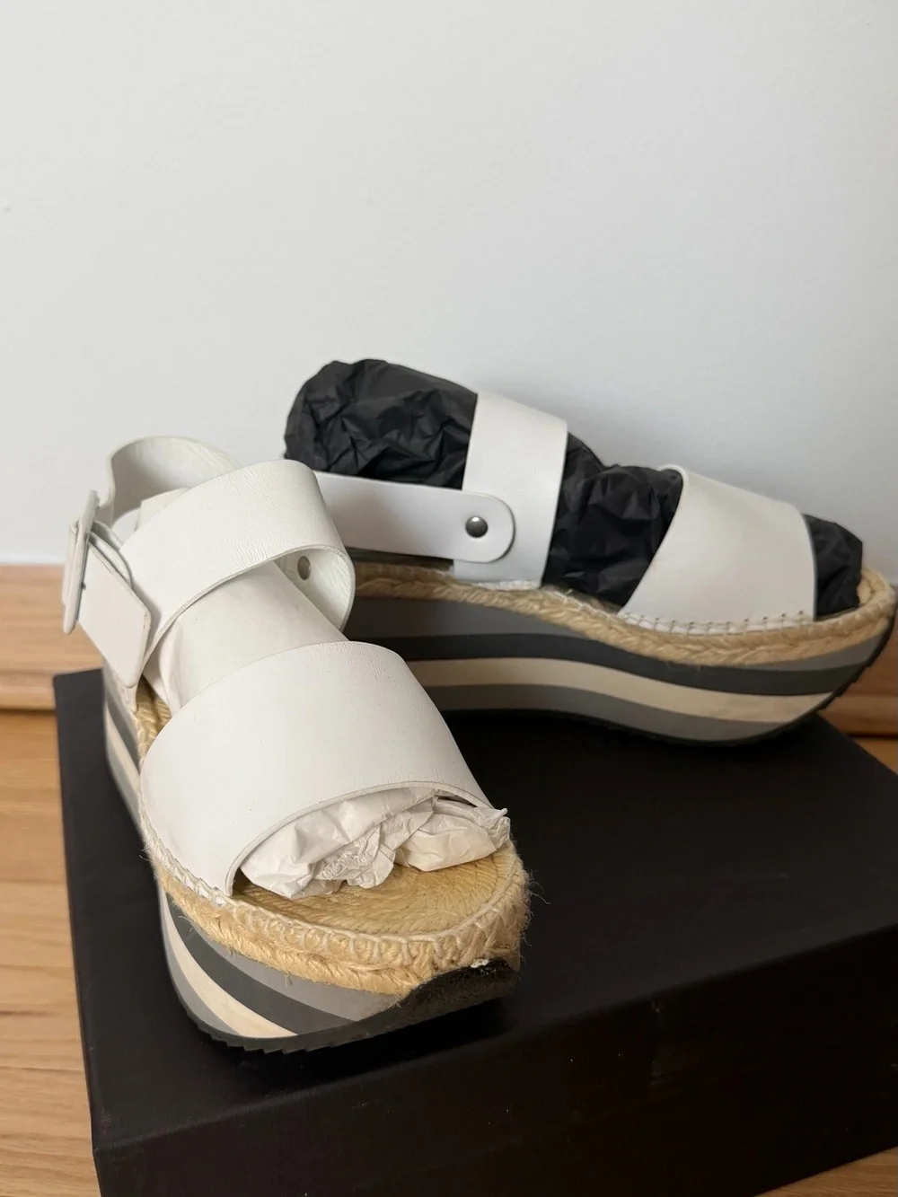 Paloma Barcelo White Leather Platform Espadrille Wedges with Striped Sole